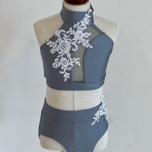 Dance Costume - CH LG Grey 2 Piece w/ appliques and stones